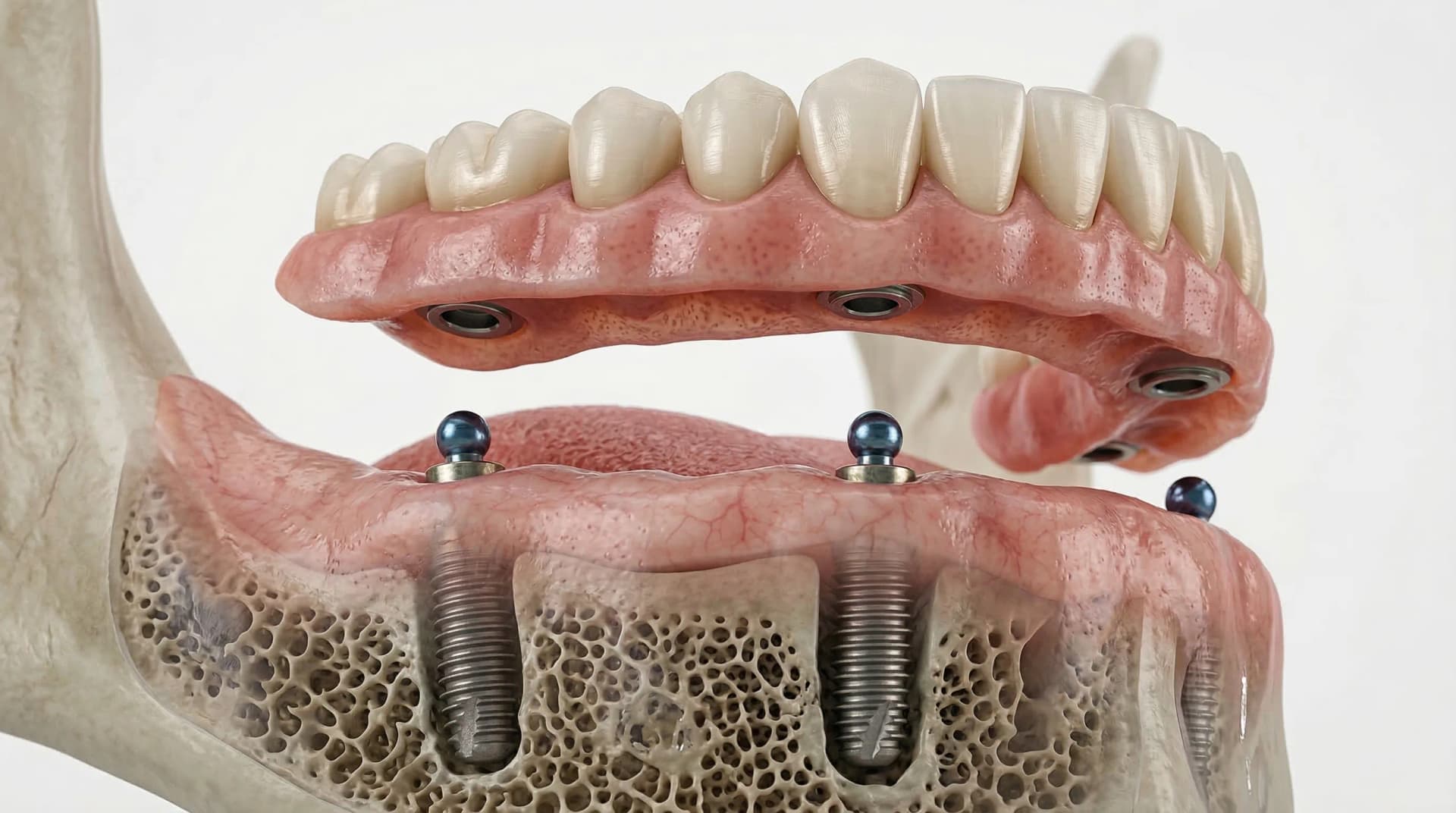 Implant overdenture diagram showing snap-on denture attached to dental implants – ArtSmiles Gold Coast